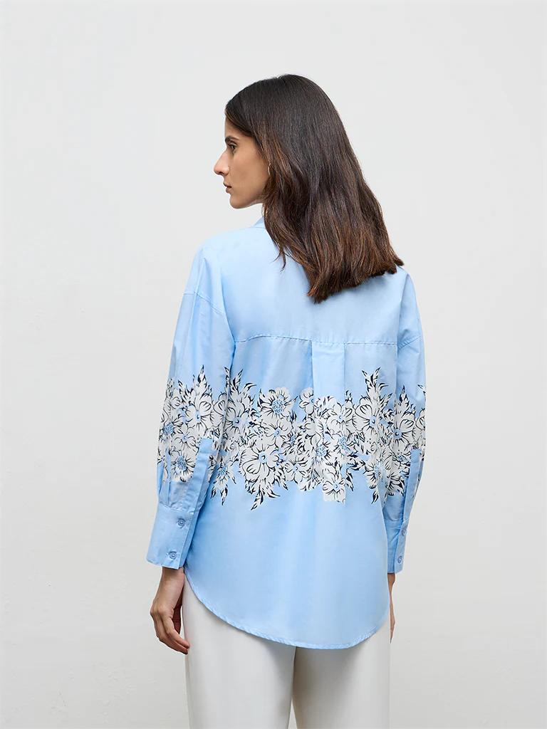 Wardrobe Light Blue Floral Printed Cotton Shirt - Image 4