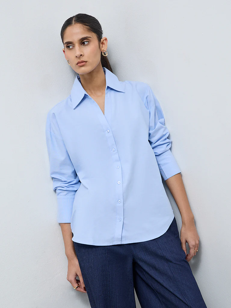 Wardrobe Light Blue High-Low Cotton Shirt - Image 2