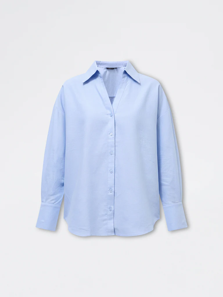 Wardrobe Light Blue High-Low Cotton Shirt - Image 5