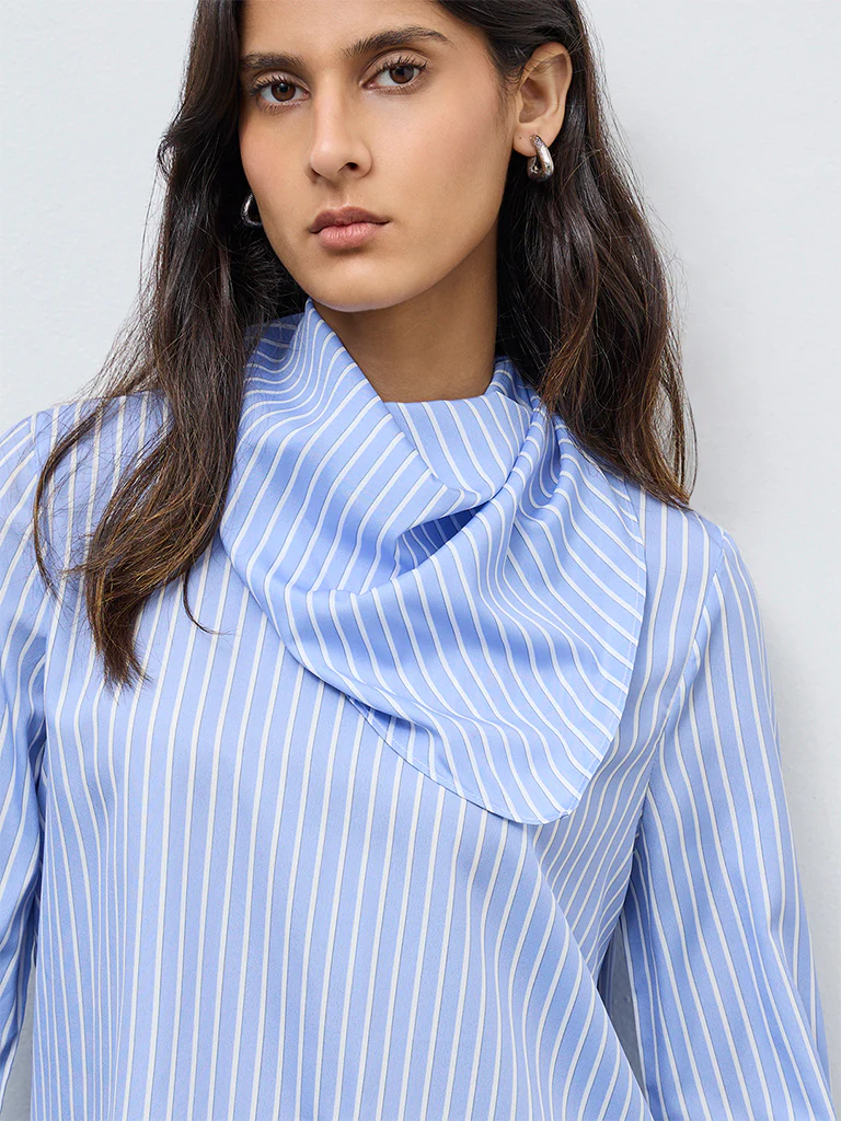 Wardrobe Light Blue Striped Blouse with Scarf - Image 3
