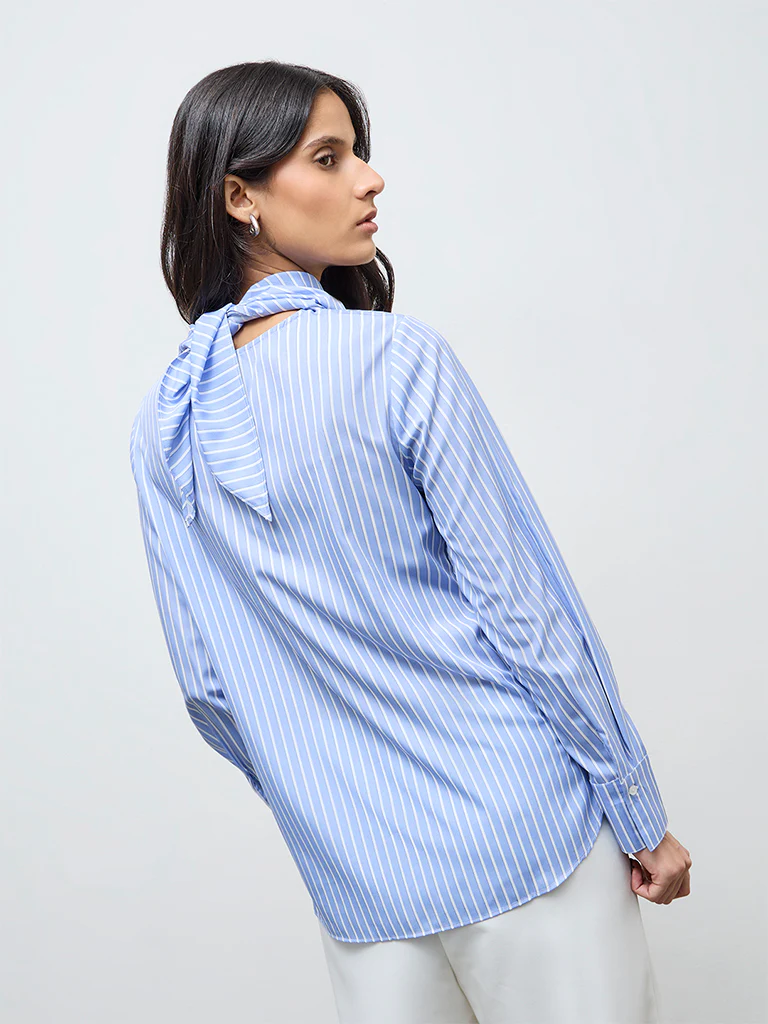 Wardrobe Light Blue Striped Blouse with Scarf - Image 4