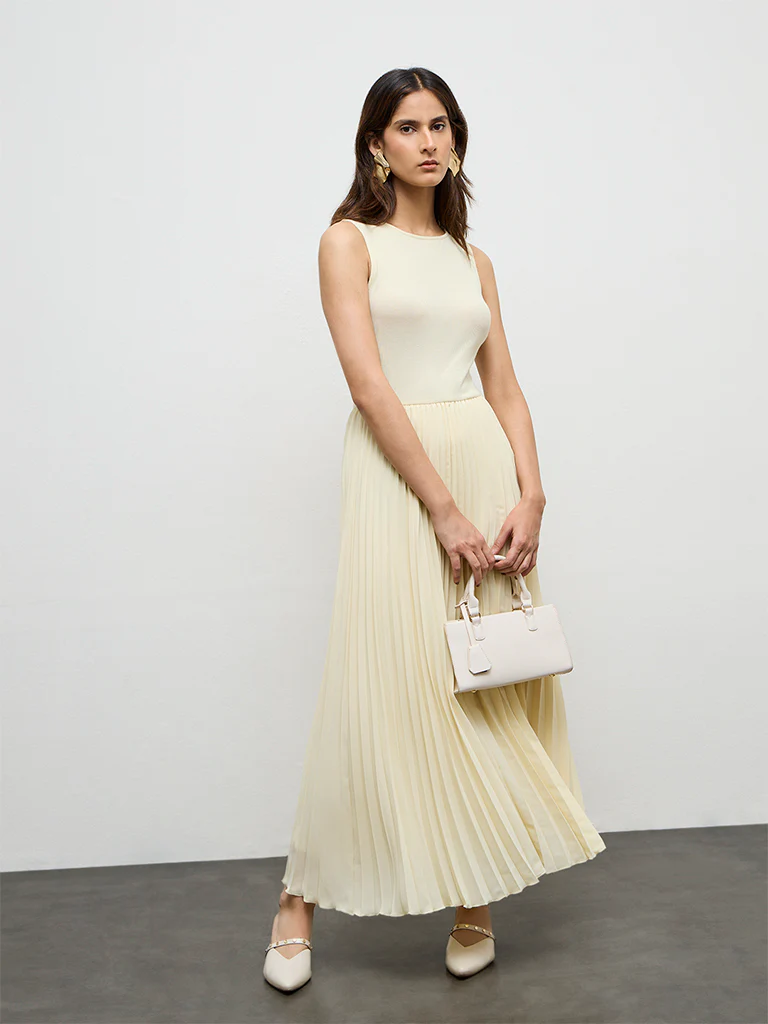 Wardrobe Light Yellow Accordion Pleated A-Line Dress