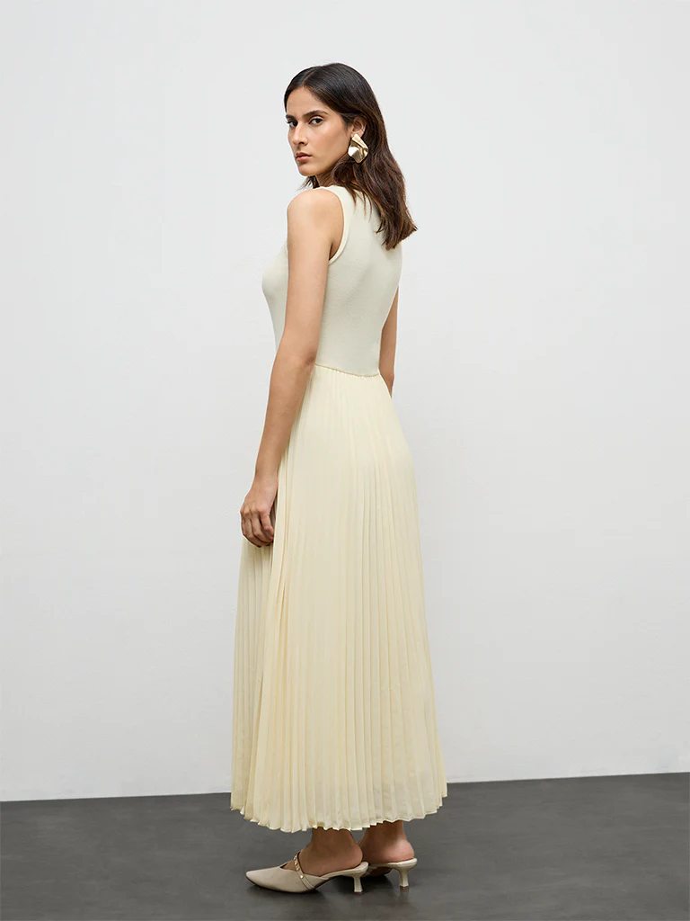 Wardrobe Light Yellow Accordion Pleated A-Line Dress - Image 4