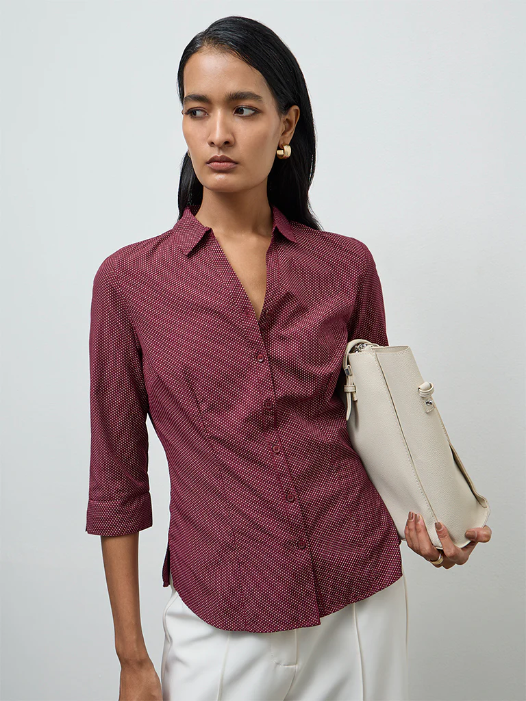 Wardrobe Maroon Dot Printed Shirt - Image 2