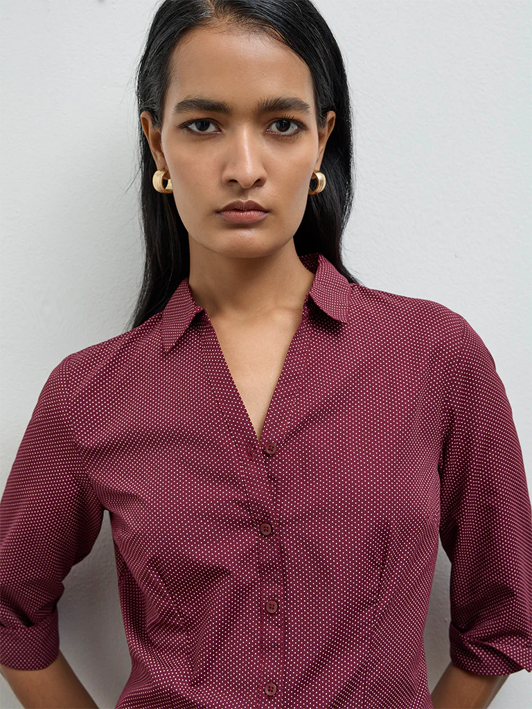 Wardrobe Maroon Dot Printed Shirt - Image 3