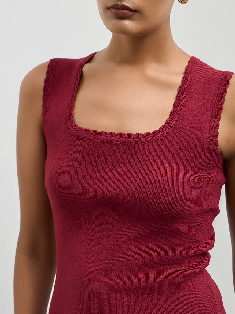 Wardrobe Maroon Ribbed-Textured Tank Top - Image 3