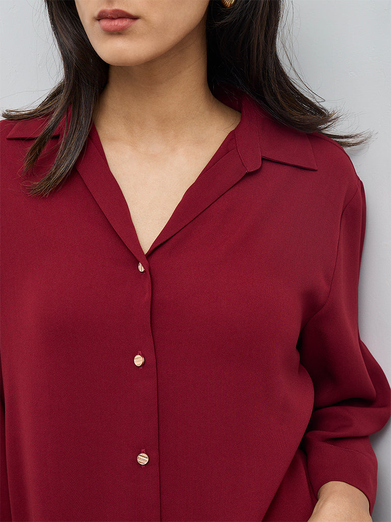 Wardrobe Maroon Solid Shirt - Image 3