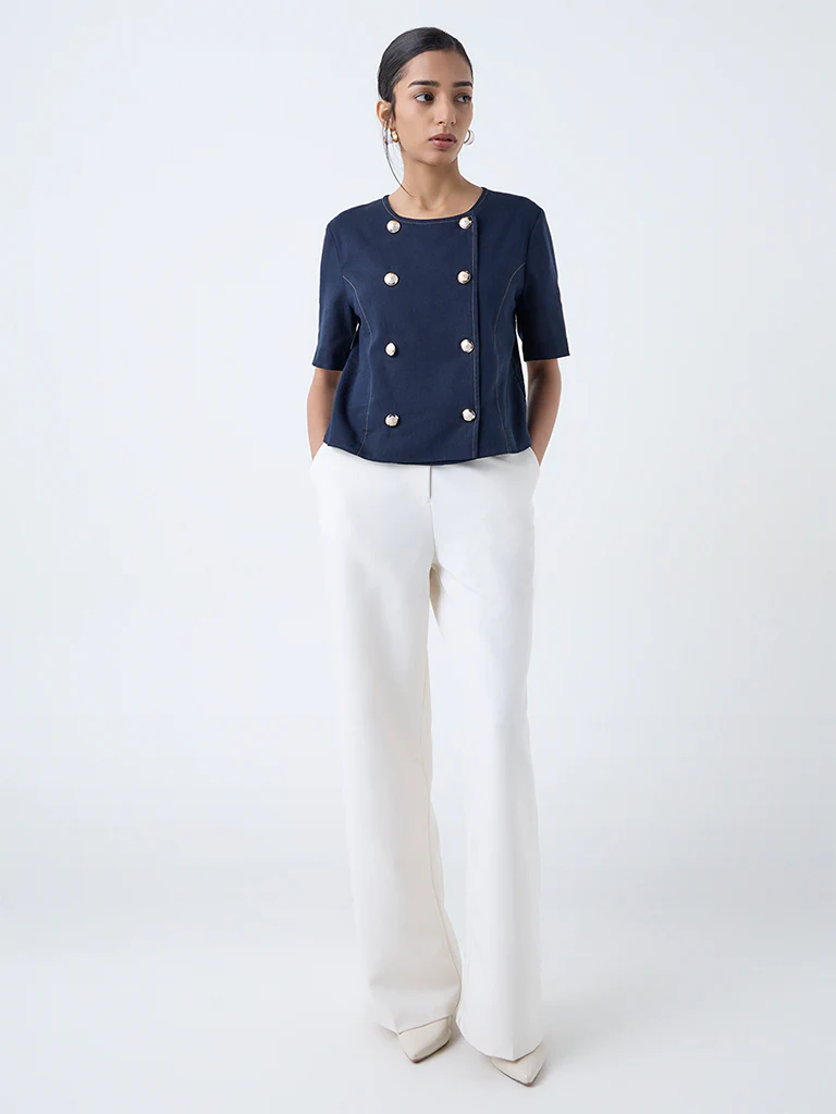 Wardrobe Navy Button-Detailed Top - Image 2