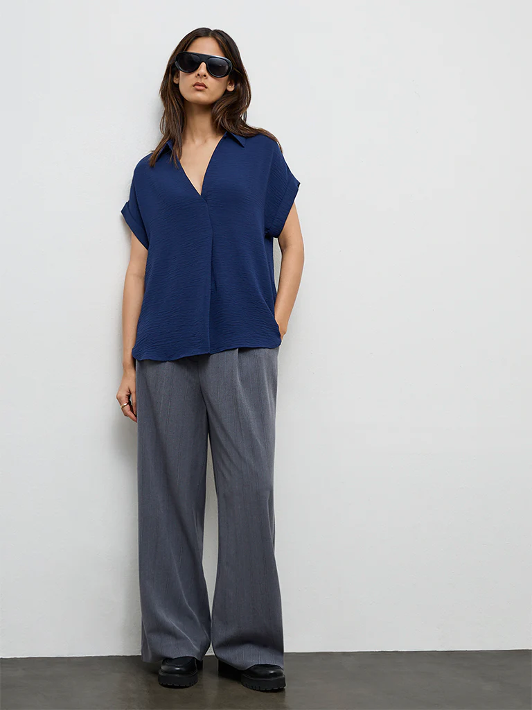 Wardrobe Navy Crinkle-Textured Blouse