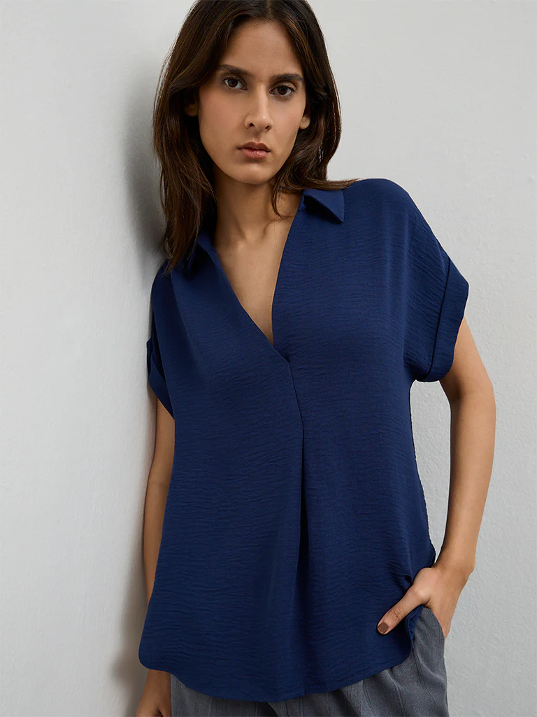 Wardrobe Navy Crinkle-Textured Blouse - Image 2