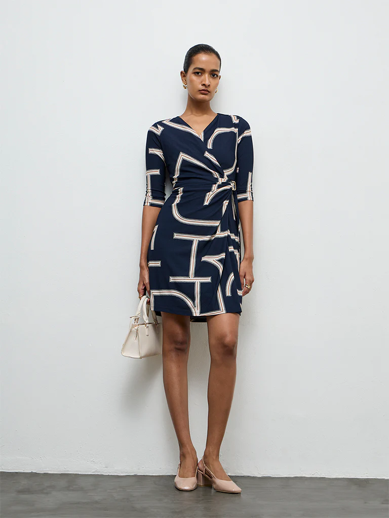 Wardrobe Navy Printed Wrap-Style Dress