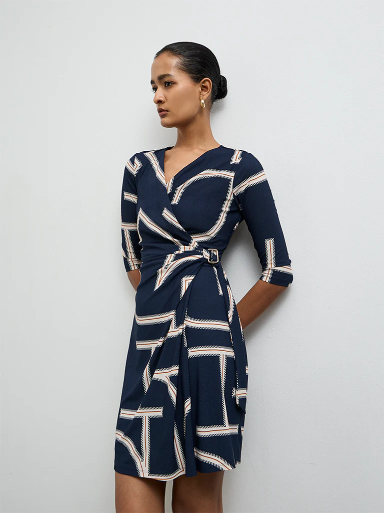 Wardrobe Navy Printed Wrap-Style Dress - Image 2