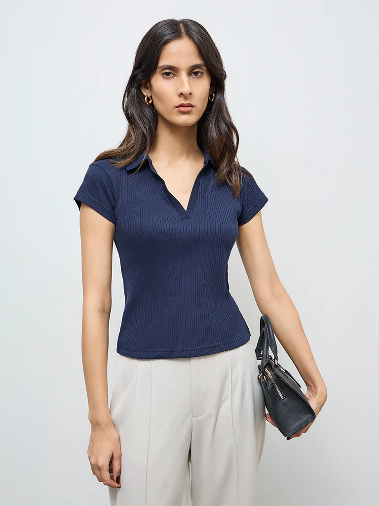 Wardrobe Navy Ribbed Cotton-Blend T-Shirt
