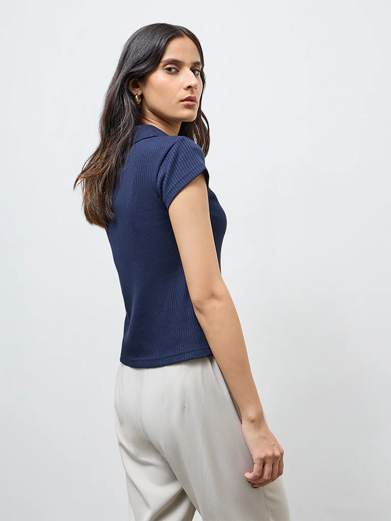 Wardrobe Navy Ribbed Cotton-Blend T-Shirt - Image 4