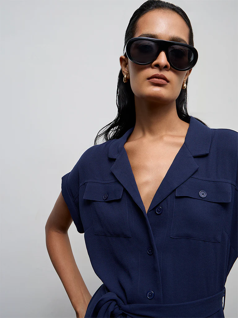 Wardrobe Navy Solid Shirt Dress with Belt - Image 3