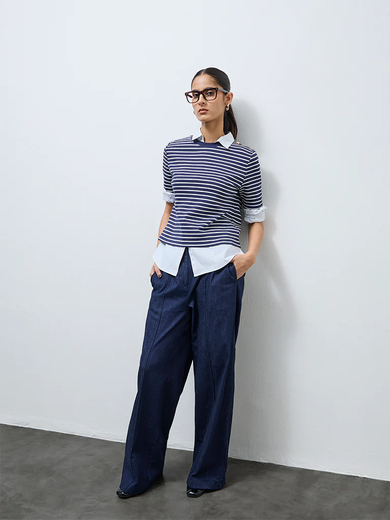 Wardrobe Navy Stripe Pattern Cotton-Blend T-Shirt