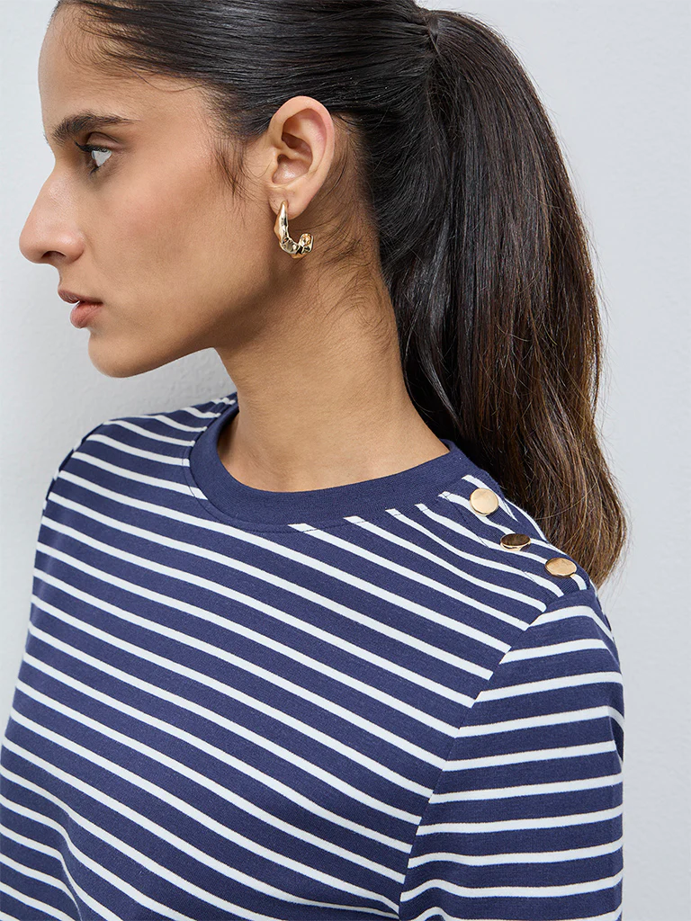 Wardrobe Navy Stripe Pattern Cotton-Blend T-Shirt - Image 2