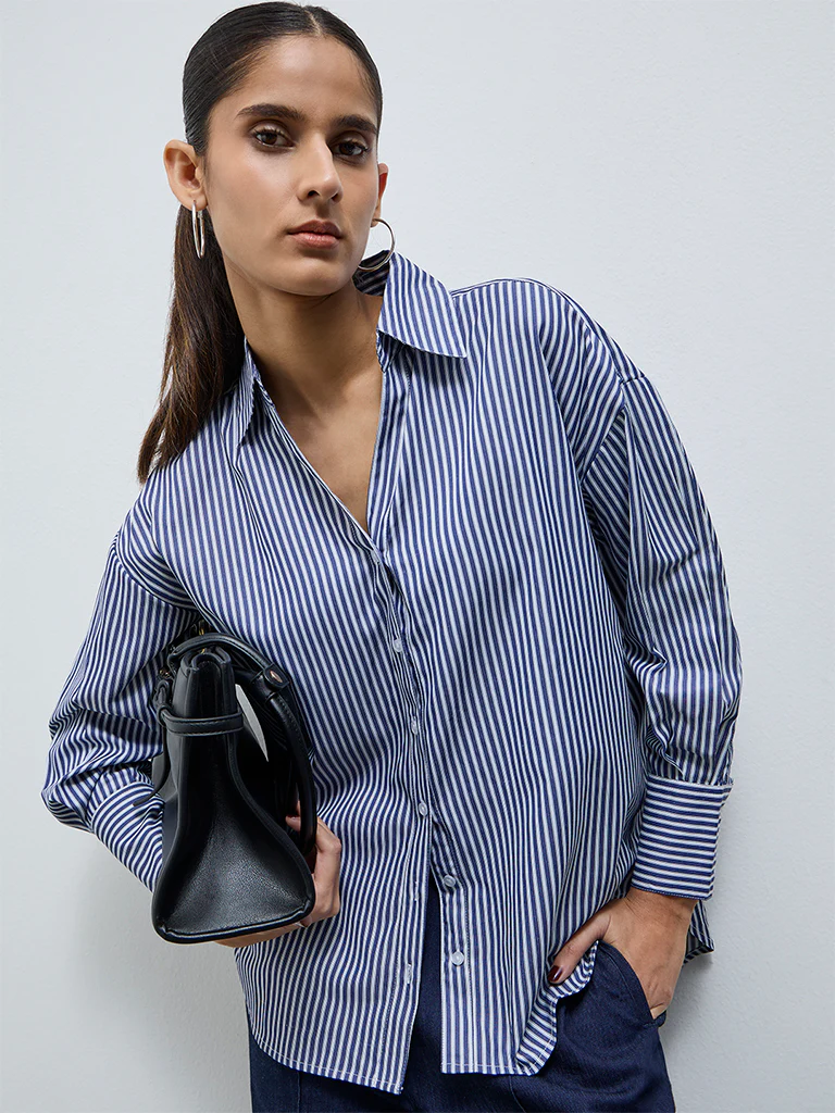 Wardrobe Navy Stripe Pattern Cotton Top - Image 2