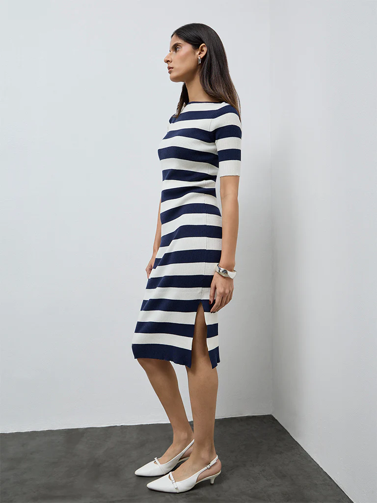 Wardrobe Navy Striped Bodycon Dress - Image 2