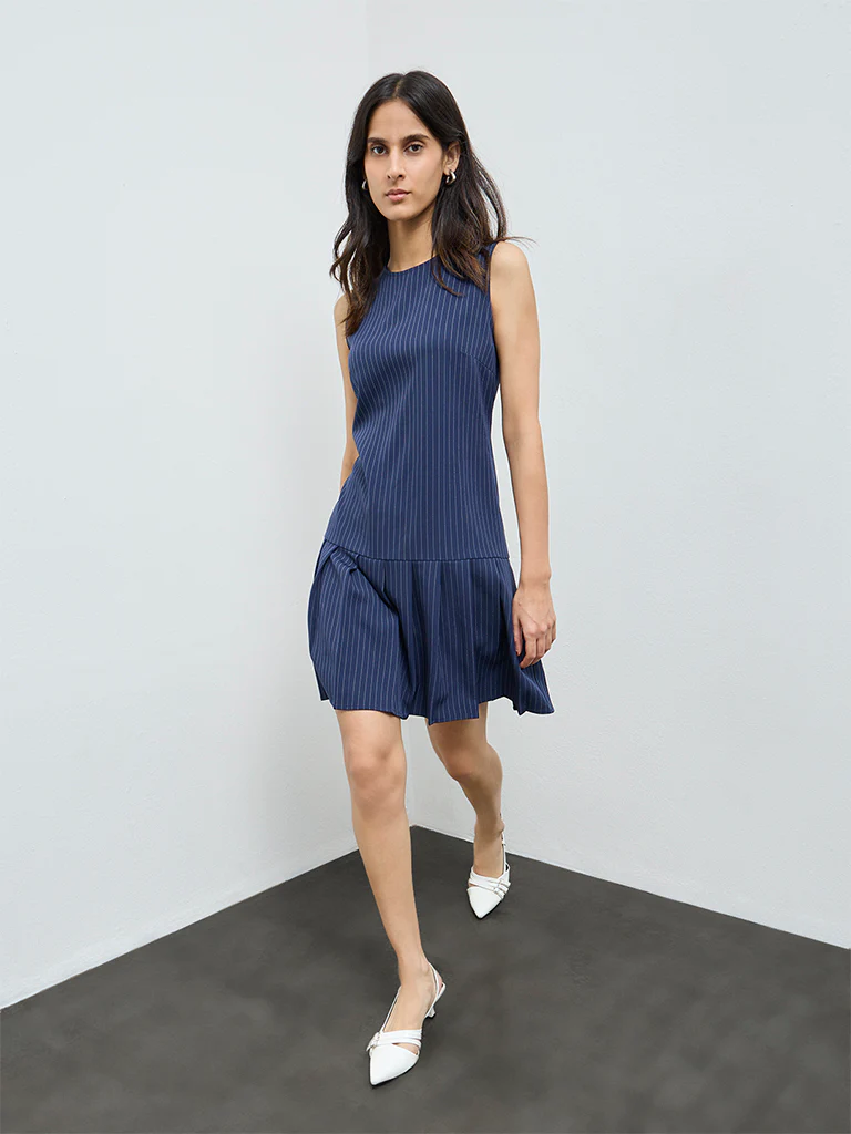 Wardrobe Navy Striped Drop Waist Dress - Image 2