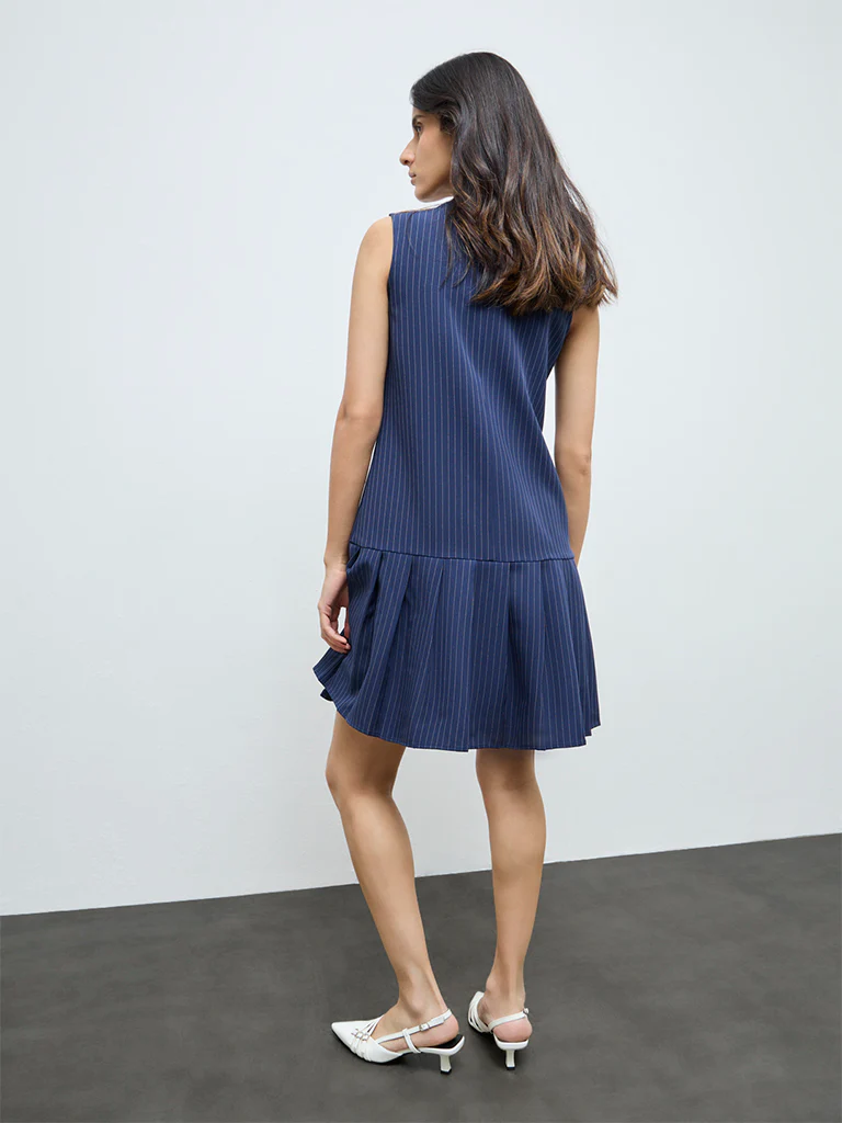 Wardrobe Navy Striped Drop Waist Dress - Image 4