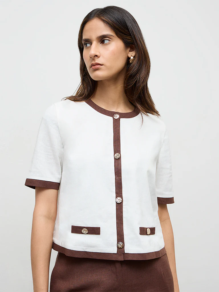 Wardrobe Off-White Contrast-Detailed Cotton Blouse - Image 2