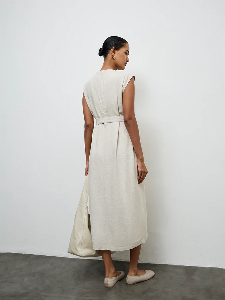 Wardrobe Off-White Cotton A-Line Dress with Belt - Image 4