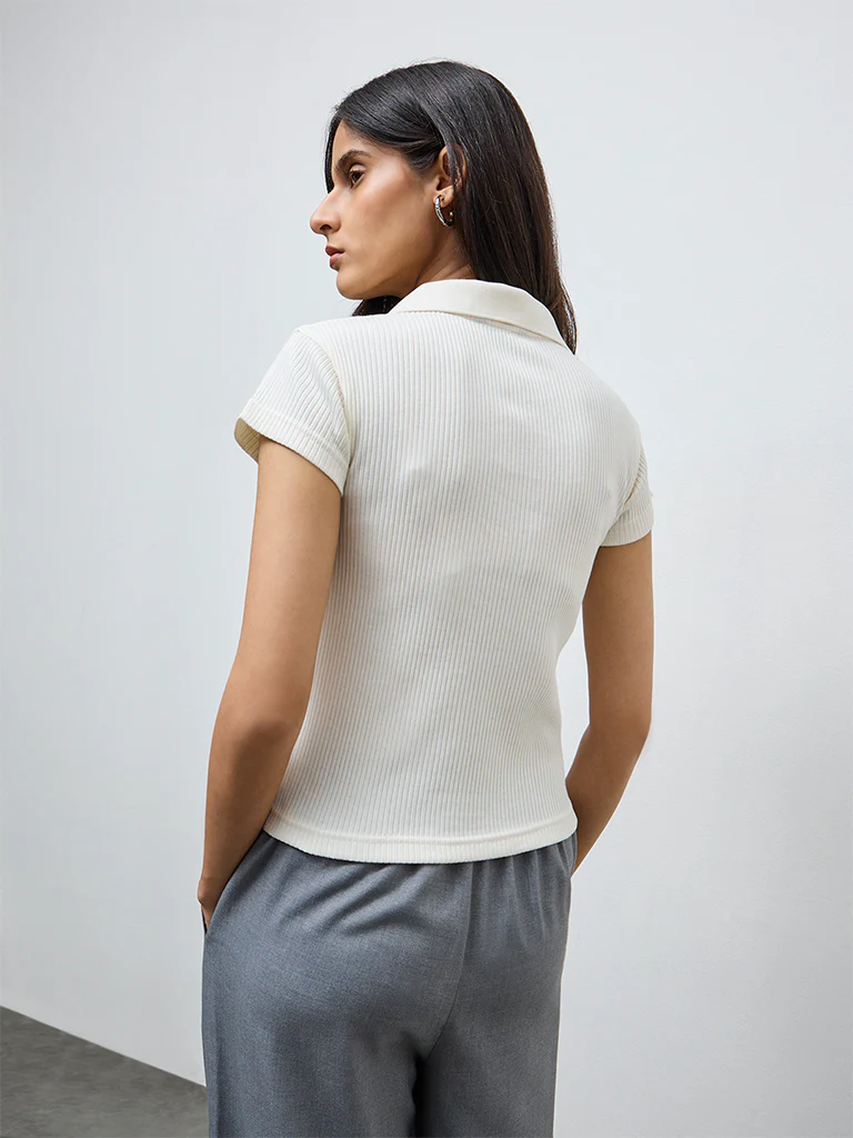 Wardrobe Off-White Ribbed Cotton-Blend T-Shirt - Image 4