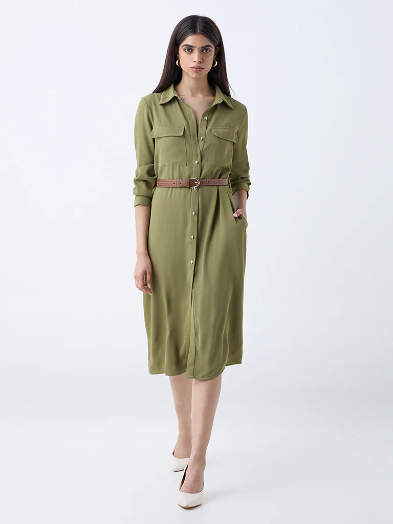 Wardrobe Olive Solid Shirt Dress with Belt - Image 2