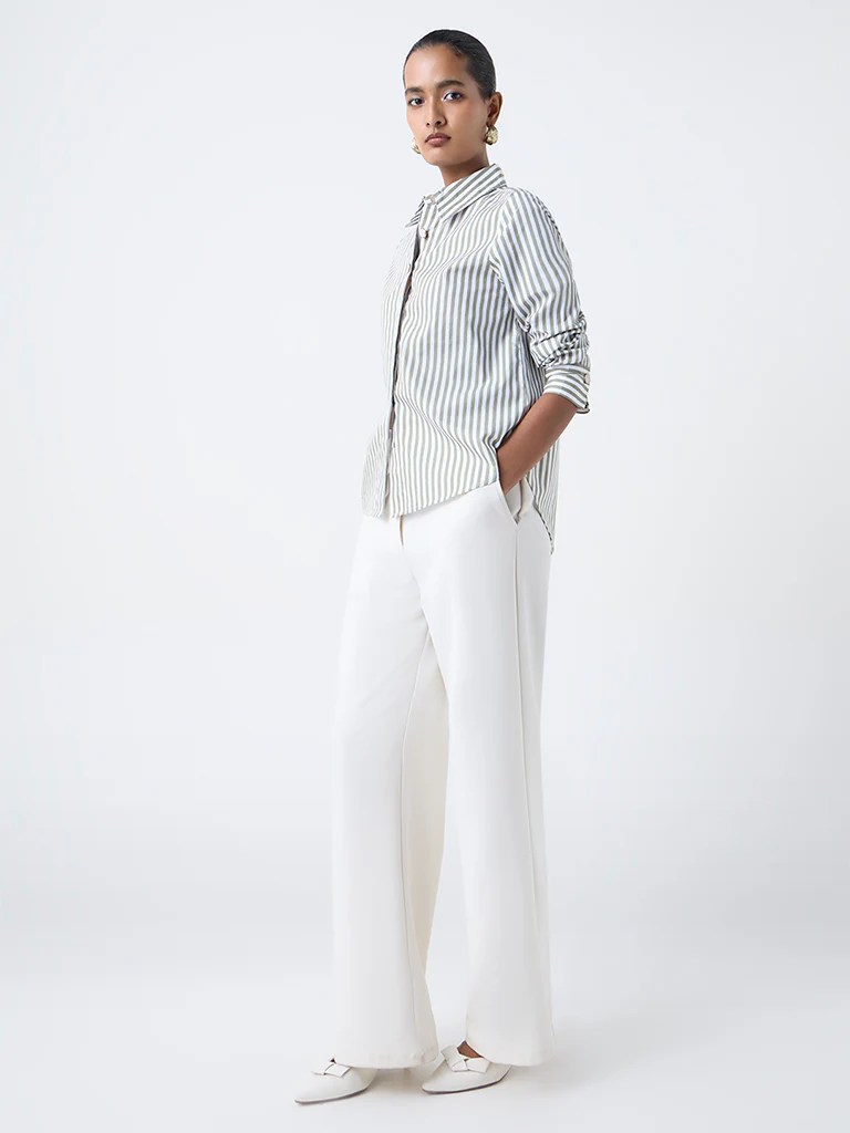 Wardrobe Olive Stripe Pattern Shirt - Image 2