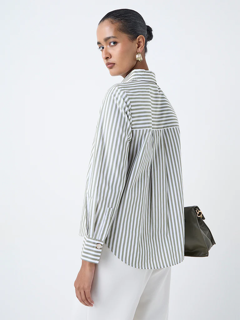 Wardrobe Olive Stripe Pattern Shirt - Image 4