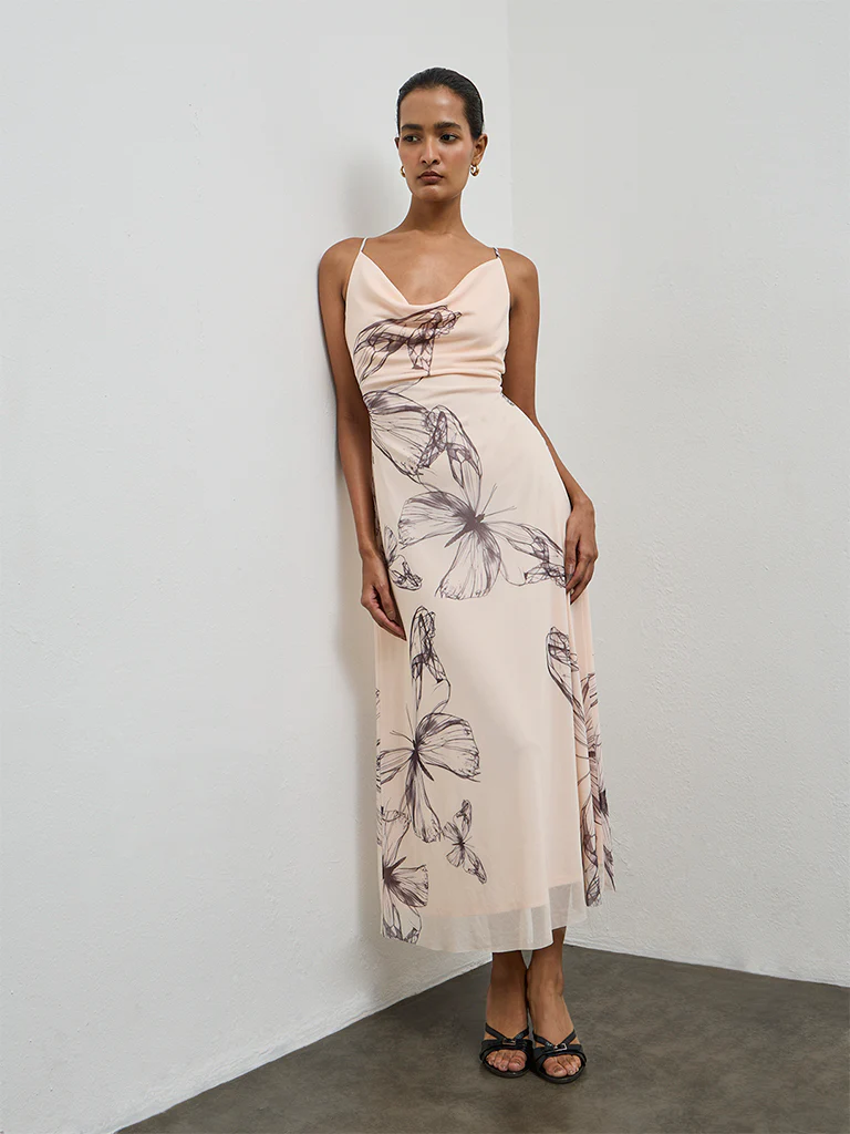 Wardrobe Peach Butterfly Design A-Line Dress