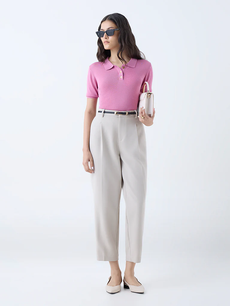 Wardrobe Pink Knit-Textured Polo T-Shirt - Image 2