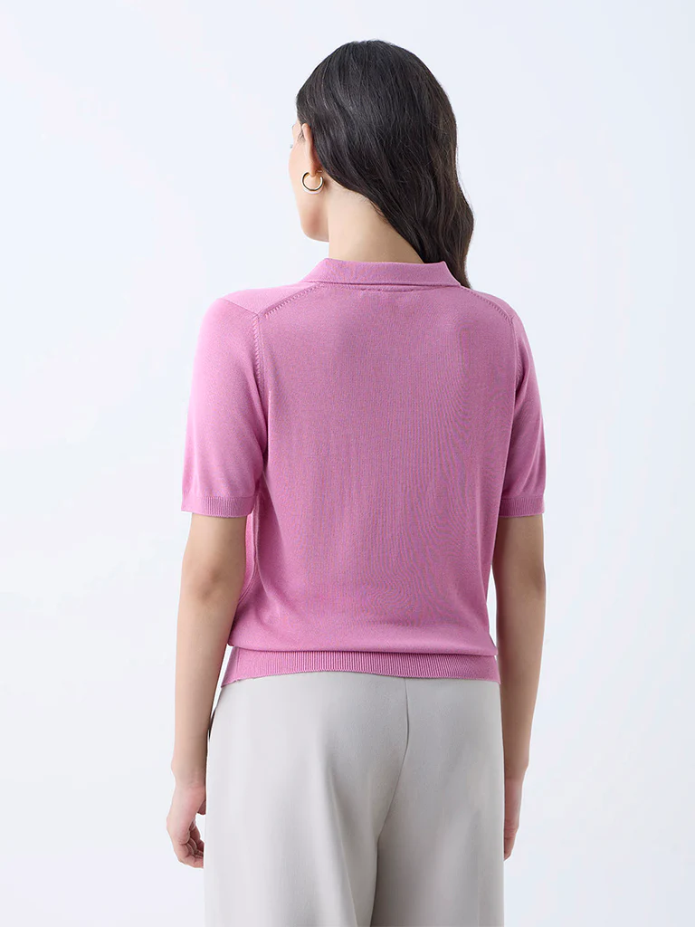 Wardrobe Pink Knit-Textured Polo T-Shirt - Image 4