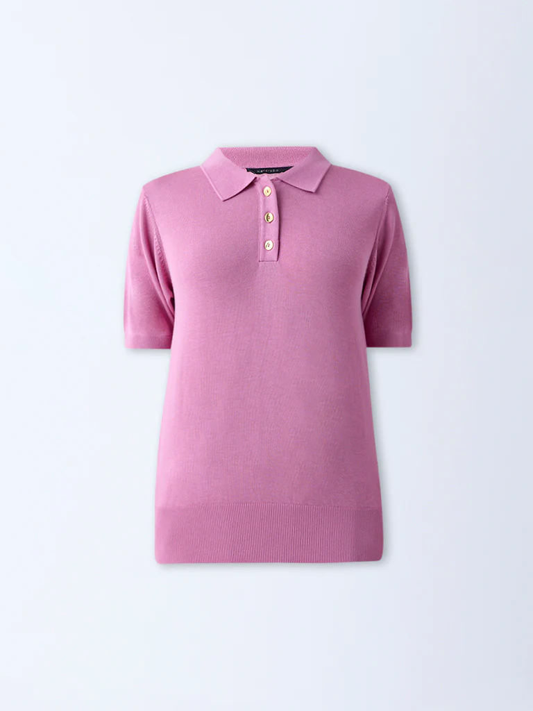 Wardrobe Pink Knit-Textured Polo T-Shirt - Image 5
