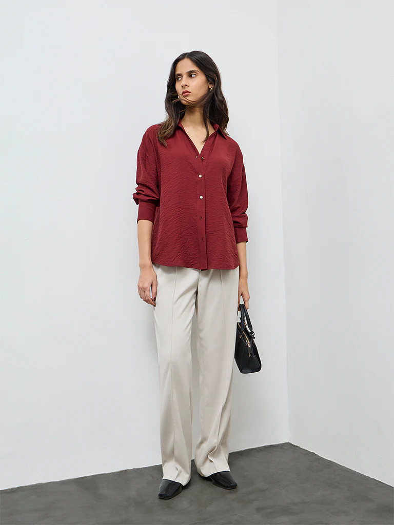 Wardrobe Red Crinkle-Textured Shirt - Image 2