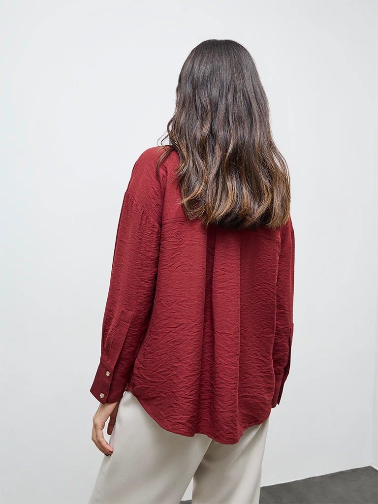 Wardrobe Red Crinkle-Textured Shirt - Image 4