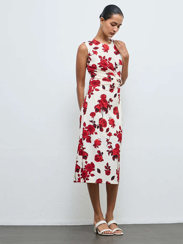Wardrobe Red Floral Pattern A-Line Dress - Image 2