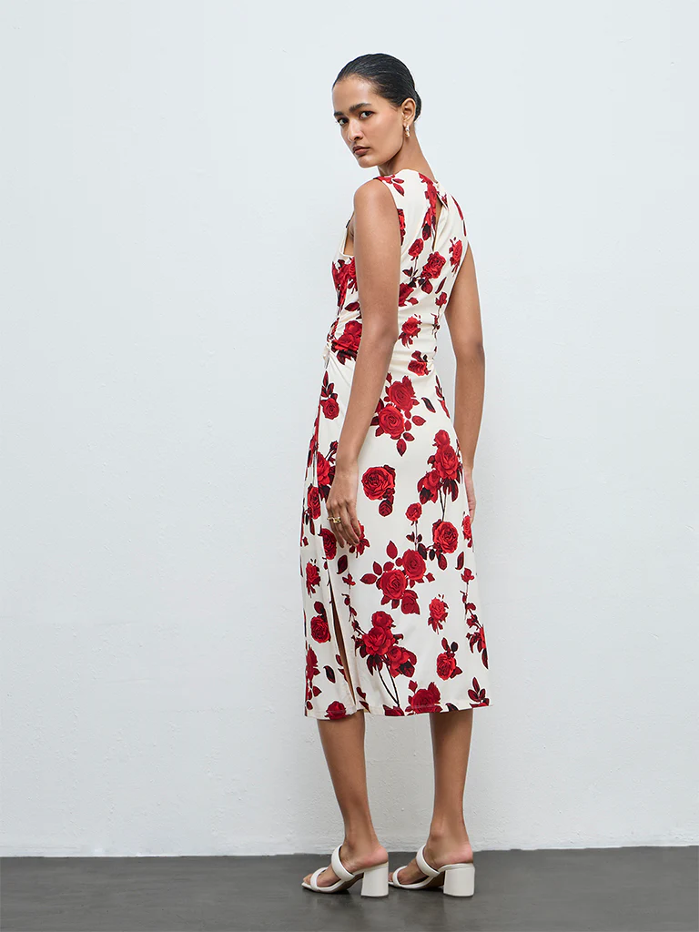 Wardrobe Red Floral Pattern A-Line Dress - Image 4