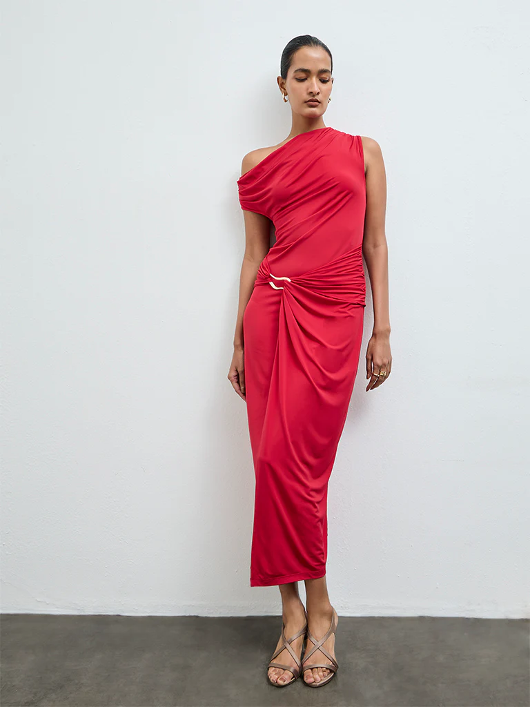 Wardrobe Red One-Shoulder Drape-Style Dress