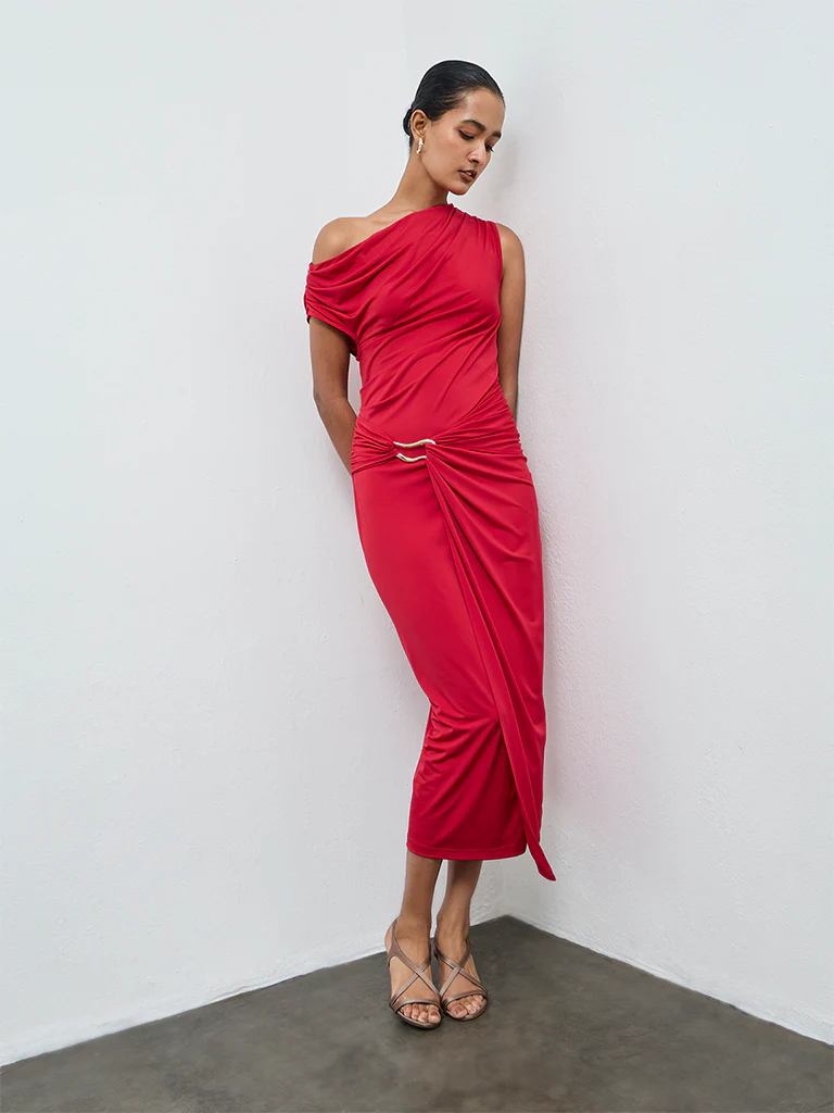 Wardrobe Red One-Shoulder Drape-Style Dress - Image 2