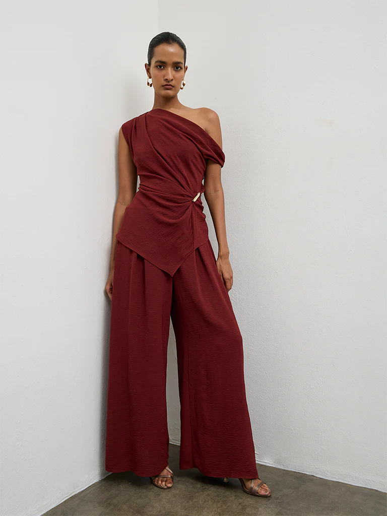 Wardrobe Red Pleated High-Rise Pants