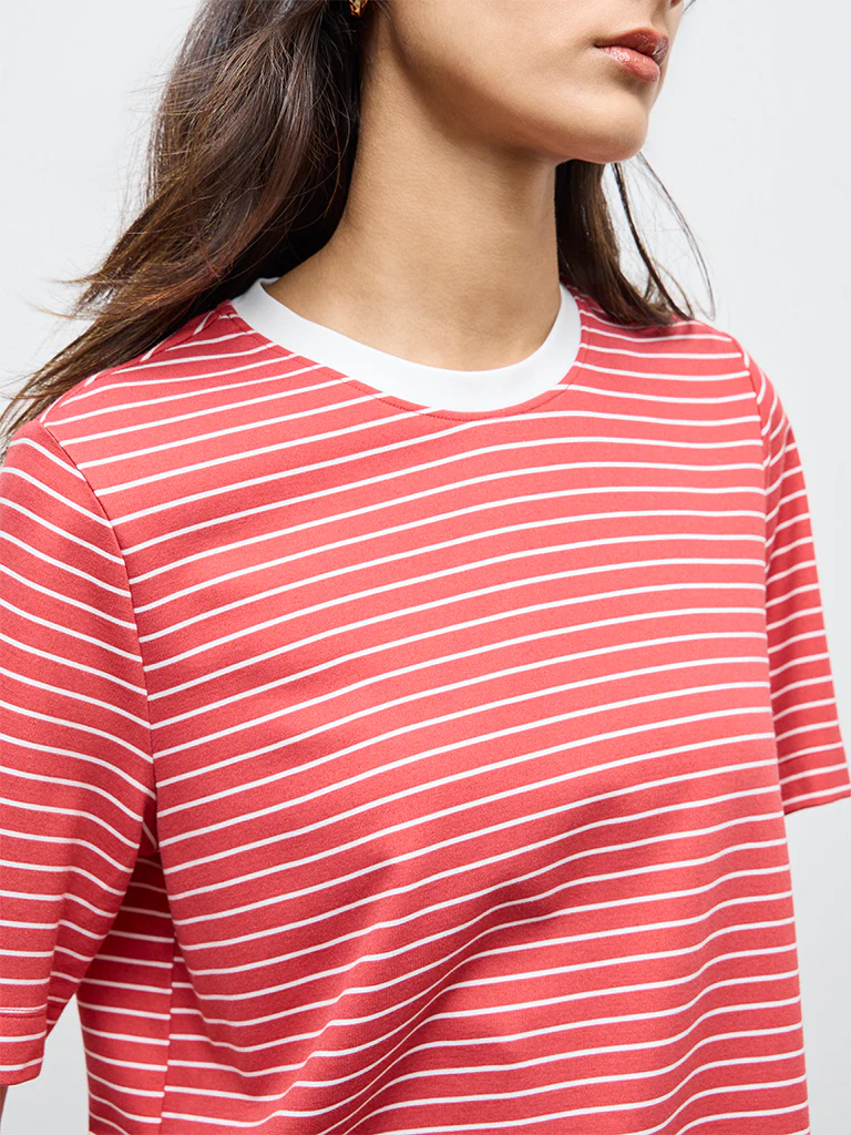 Wardrobe Red Striped Cotton-Blend T-Shirt - Image 3