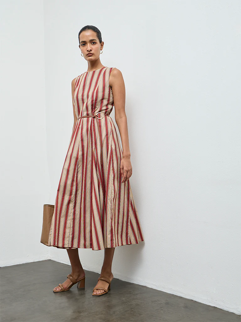 Wardrobe Rust Striped Cotton A-Line Dress