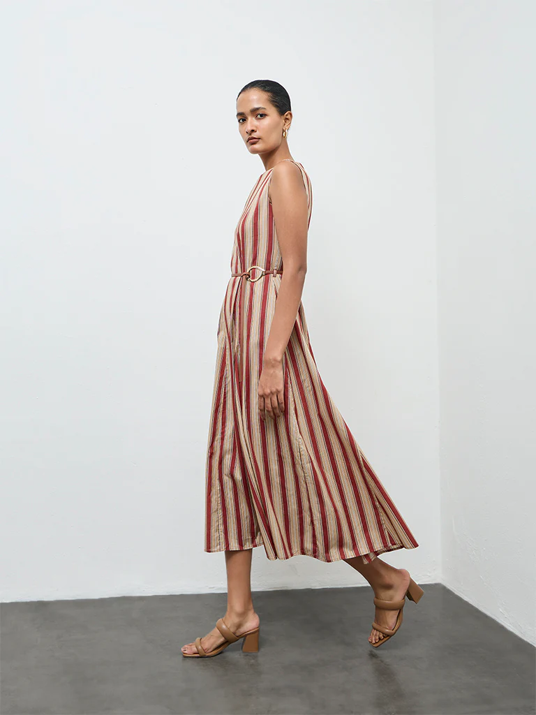 Wardrobe Rust Striped Cotton A-Line Dress - Image 2
