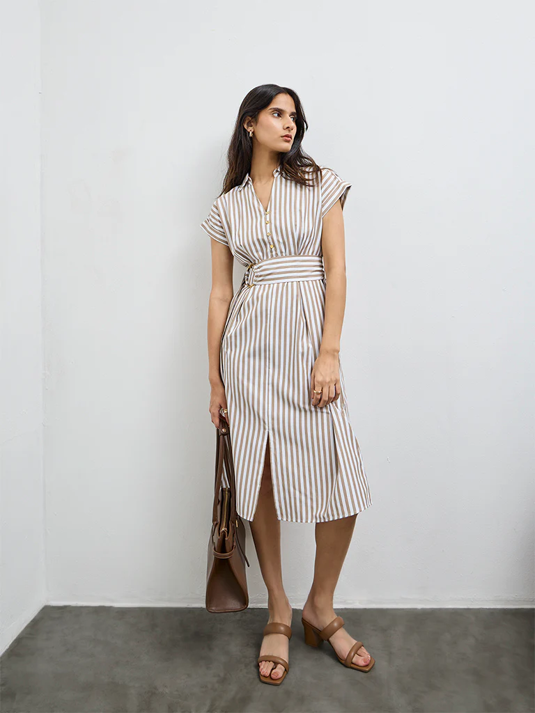 Wardrobe Taupe Striped A-Line Dress with Belt - Image 3