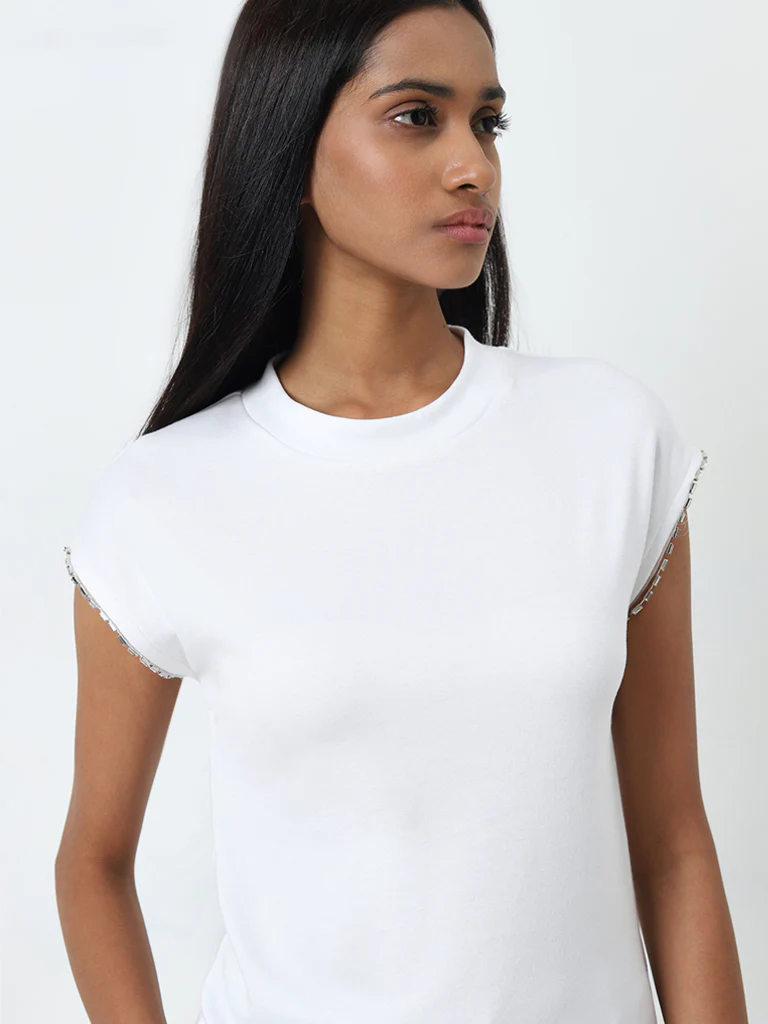 Wardrobe White Embellished Cotton-Blend Top - Image 2