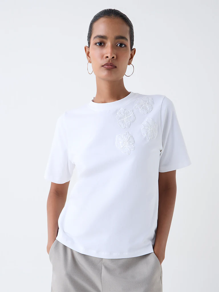 Wardrobe White Floral Embroidered T-Shirt