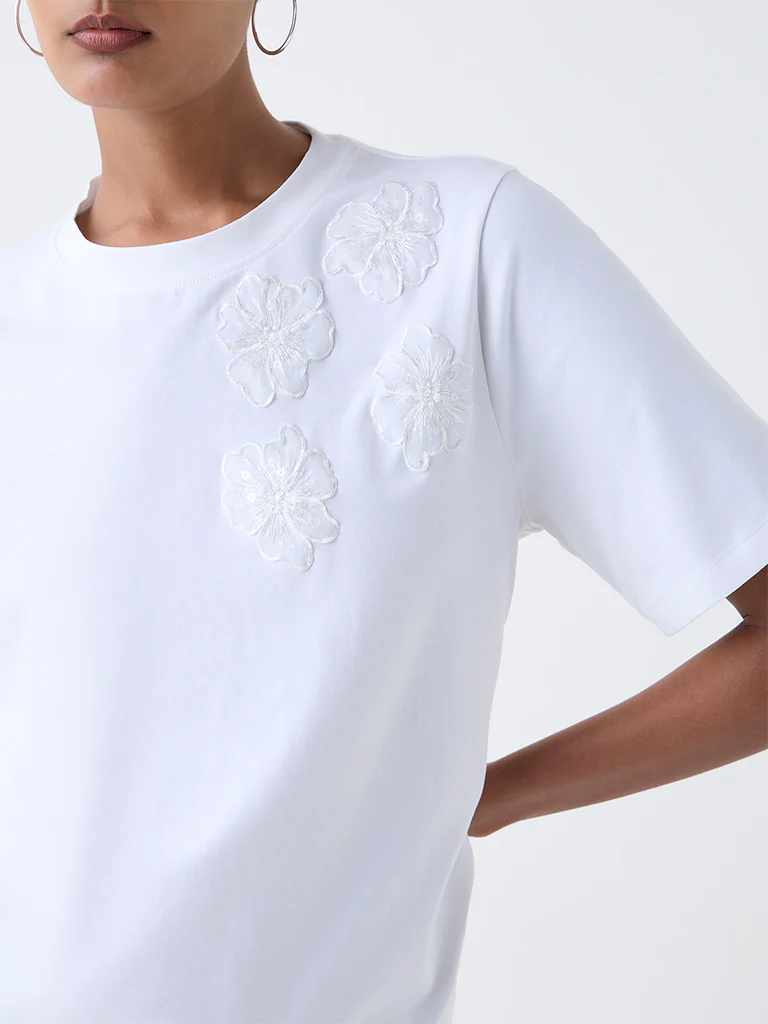 Wardrobe White Floral Embroidered T-Shirt - Image 3