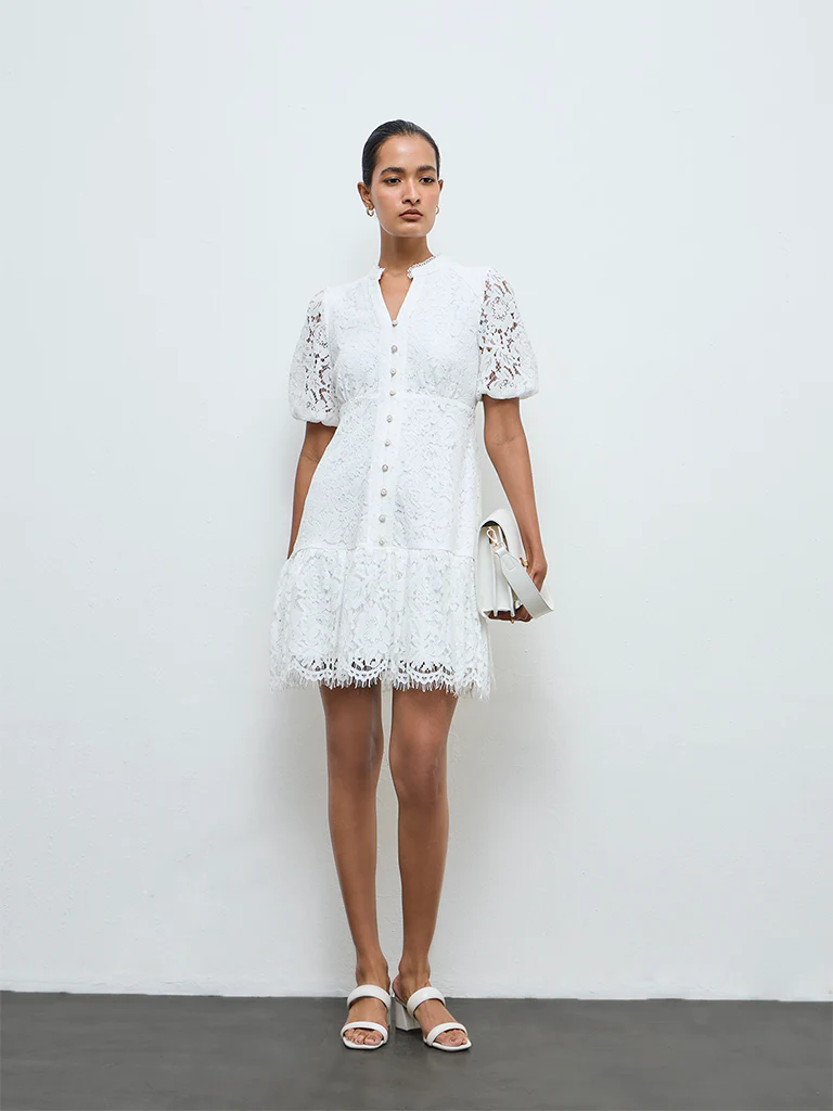 Wardrobe White Floral Lace A-Line Dress